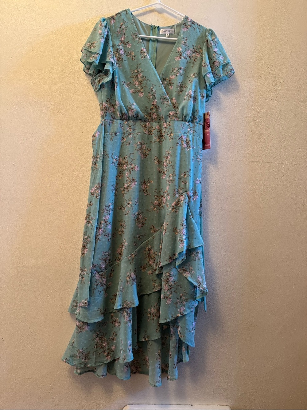 Emerald Sundae Sage Green Floral High-Low Midi Dress Flutter Sleeve Ruffle Hem M